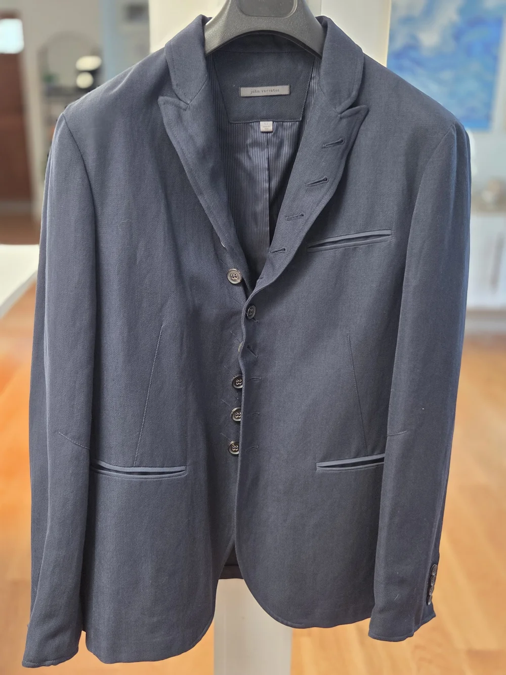 John Varvatos Men’s Navy Blue Button Up Linen/Wool Blend Woodward Jacket 52EU